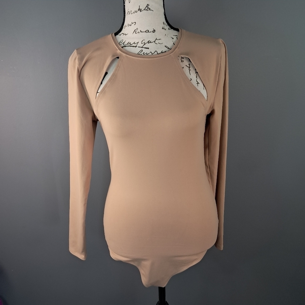 Abercrombie & Fitch Soft A&F Tan Long Sleeve Cutout Nylon Bodysuit Size Medium